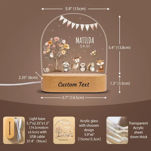 Vista 5 de 7 Geeft - Regalos personalizados para bebés para niños, placa acrílica LED con nombre, luz nocturna, lámpara de animales de la selva de safari