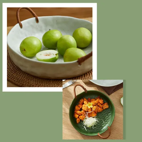 Vista 2 de Frutero grande de 10 pulgadas, cesta de frutas de cerámica para encimera de cocina, Frutero para Cocina, blanco Verde