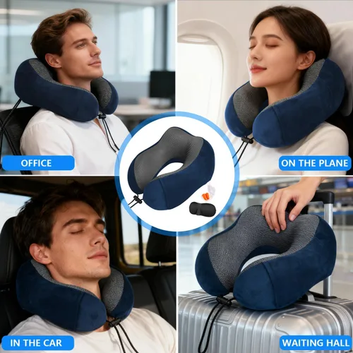 Vista 4 de Almohada cervical de viaje con espuma viscoelástica, soporte ergonómico, hebilla ajustable, incluye máscara de ojos y tapones para los oídos, funda