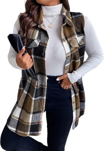 Vista 4 de Mina self Chaleco a cuadros para mujer, largo a la moda, casual, sin mangas, con botones y parte delantera abierta, con bolsillos