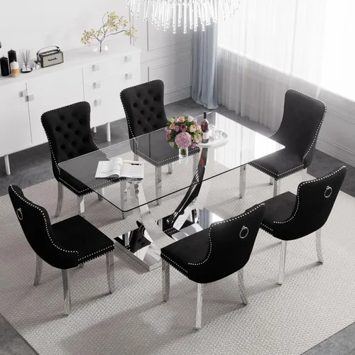 Vista 51 de Juego de mesa de comedor de cristal moderno de mediados de siglo para 4, 63 pulgadas, juego de comedor rectangular grande de lujo con parte superior