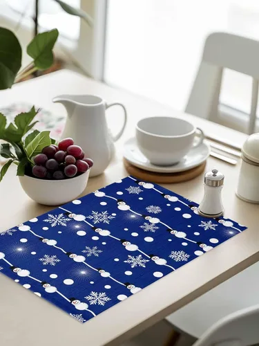 Vista 8 de Juego de 4 manteles individuales de Navidad de muñeco de nieve azul para mesa de comedor, juego de 4 manteles de tela impermeables, manteles Navidad