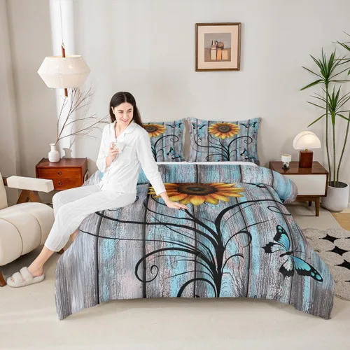 Vista 49 de Juego de ropa de cama rústica de granja color verde azulado con puerta de granero de madera, edredón de plumas tamaño Queen, decoración occidental