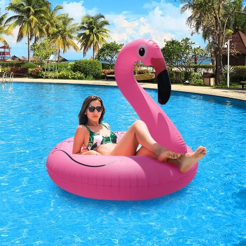 Vista 2 de Inflatable Flamingo Pool Floats with Lights, FlyfreeU Solar Powered Pink Pools Flamingo Float Rings, 42'' Lake Beach Floaties Swimming Rings Summer