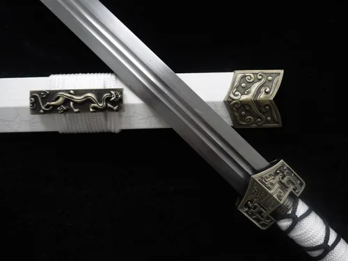 Vista 6 de Espada china/Han jian/Hoja de acero al carbono medio/vaina de pintura de cuero blanco