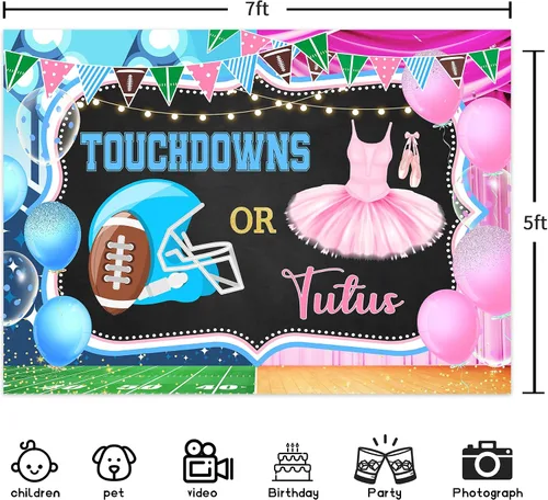 Vista 4 de Touchdowns o tutus Gender Reveal telón de fondo 7 pulgadas de ancho x 5 pies de alto, tela de poliéster, rosa, azul, fútbol americano, anuncio