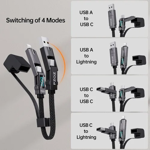 Vista 2 de pzoz Cable de carga múltiple llavero cable de carga con pantalla LED, 4 en 1 Multi USB C de carga rápida Combo Lightning/Tipo C/USB A/USBC