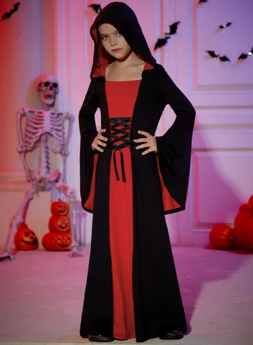 Vista 4 de BesserBay Disfraz de bruja para niñas, vestido de vampiro de Halloween de 5 Negro y Rojo Vestido