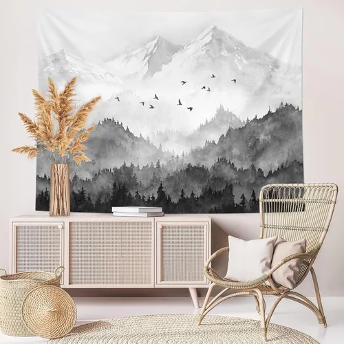 Vista 5 de kampdream Tapiz de bosque de montaña, tapiz de pared con diseño de árbol blanco y negro brumoso, paisaje de acuarela, tapiz de paisaje natural
