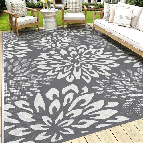 Vista 15 de HEBE Alfombra impermeable para exteriores de 5 x 8 pies para patios, alfombra de paja de plástico reversible floral, alfombra de patio, alfombra