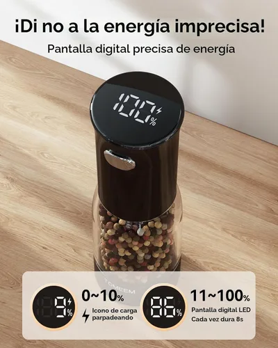 Vista 2 de TOMEEM Juego de molinillo eléctrico de sal y pimienta, recargable con indicador de alimentación LED, molienda ajustable de 5 niveles, luz LED