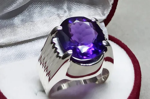 Vista 2 de Oval Cut 12 Carat Deep Purple Amethyst Mens Plain Ring Sterling Silver 925 Handmade Amethyst Ring Gift for Him
