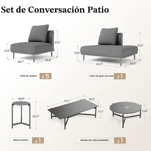 Vista 9 de SUNSHINE VALLEY Juego de muebles de metal para patio, muebles modulares de exterior, 6 sofás individuales, 1 sofá de gran tamaño, juego de mesa