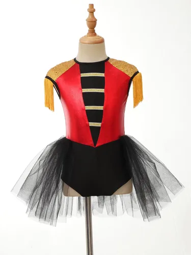 Vista 3 de winying Vestido para niñas, disfraz de tambor mayorette, sin mangas, leotardo de malla, tutú, vestido de banda de marcha, vestido de uniforme