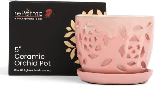 Vista 2 de rePotme Maceta para Orquídeas - Maceta de Cerámica para Orquídeas de 5 Pulgadas con Recorte Floral y Agujeros (Crema sobre Algodón de Azúcar)
