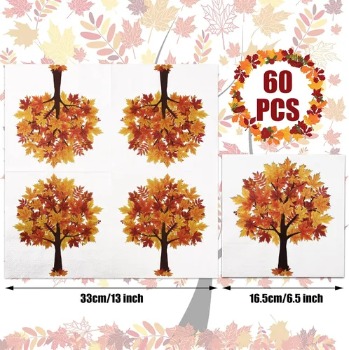 Vista 2 de Paquete de 60 servilletas de papel de otoño, hojas de arce, servilletas desechables de hojas de otoño, servilletas decorativas para otoño