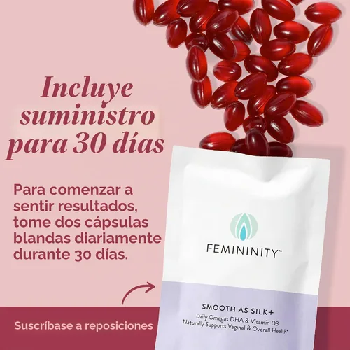 Vista 5 de Femininity Suave como la seda + recarga de 30 días para la sequedad vaginal (60 cápsulas blandas) – Mezcla de aceite de espino amarillo, vitamina D3