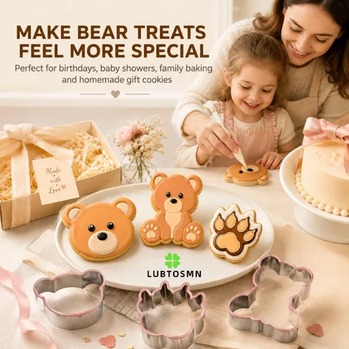 Vista 8 de LUBTOSMN Juego de cortador de galletas de oso - 3 piezas: cabeza de oso, patas y lavavajillas, formas seguras para baby shower y horneado