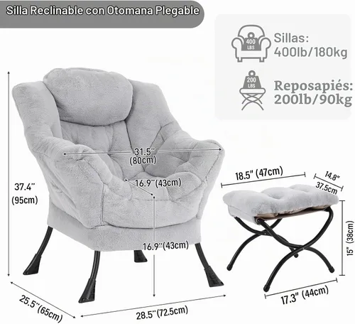 Vista 2 de Furlide - Silla perezosa con otomana, cómoda silla de lectura para dormitorio, color gris Gris ceniza