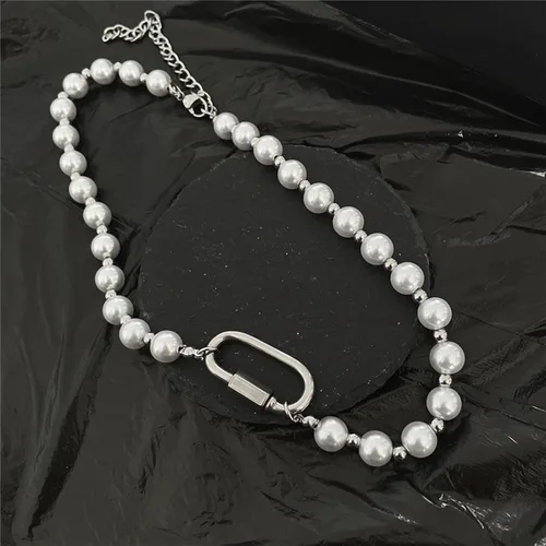 Vista 6 de Collar de perlas góticas para hombre, mosquetón de acero inoxidable punk, gargantilla de perlas unisex para mujeres