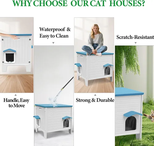Vista 4 de Deblue Casa de Gatos al Aire Libre Resistente a la Intemperie Grande de Plástico con Puerta de Escape para Gatos Interiores Impermeable Refugio