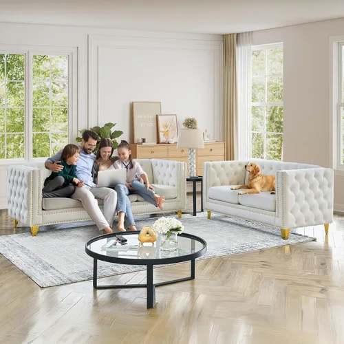 Vista 3 de JEEOHEY Juego de Sofás Chesterfield de 2, Sofá Moderno de Terciopelo con Capitoné y Ribete de Tachuelas, Sofá Tapizado de Asiento Profundo, Sofá