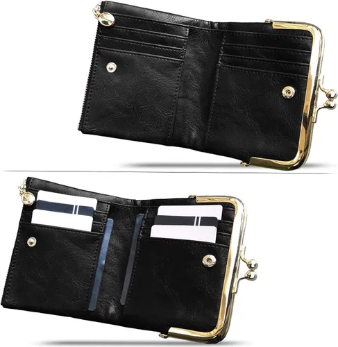 Vista 2 de PofeeXIO Billetera para mujer con RFID, pequeña, compacta, de piel, vintage, con cremallera y cierre de beso