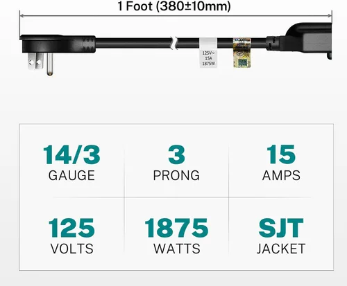 Vista 2 de FIRMERST 1875 W Cable de extensión de enchufe plano de 1 pie, 15A 14 AWG negro