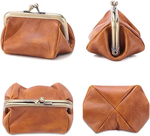 Vista 3 de ROUROU Bolso de mano de cuero genuino para mujer, con cierre de beso, billetera retro para monedero, organizador de monedas, lindo bolso, Negro