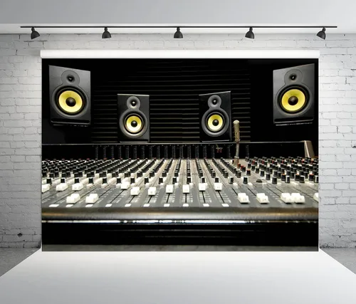 Vista 3 de BELECO Telón de fondo de altavoz de música de tela de 5 x 3 pies para fotografía, consola de mezcla, altavoz Boombox, estudio de grabación, fondo