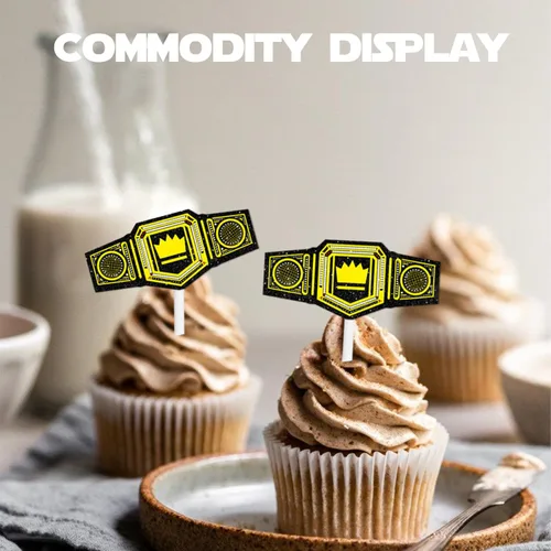 Vista 5 de 18 piezas de cinturón pesado con purpurina dorada para postre para cupcakes, decoración temática de campeón de lucha libre, suministros