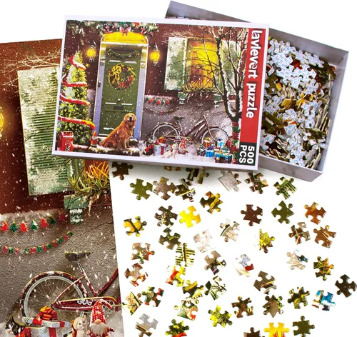 Vista 5 de Lavievert Rompecabezas de 500 piezas para adultos, Navidad en la puerta, sonriente Golden Retriever Smiling Golden Retriever, Family Fun