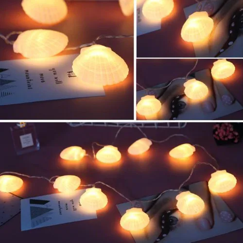 Vista 3 de Cadena de luces de concha, luz de carcasa de 5 pies con 10 LED, luces de cadena de conchas marinas alimentadas por pilas para Navidad, Halloween