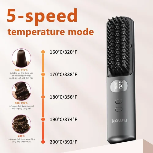 Vista 5 de Kawu Plancha eléctrica para el cabello, peine caliente portátil inalámbrico para viajes, de iones negativos de cerámica, mini peine alisador