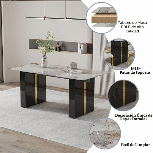 Vista 4 de Juego de mesa de comedor de cocina de 71 pulgadas para juego de mesa de comedor de 6 piezas, mesa de comedor de mármol sintético y sillas de piel