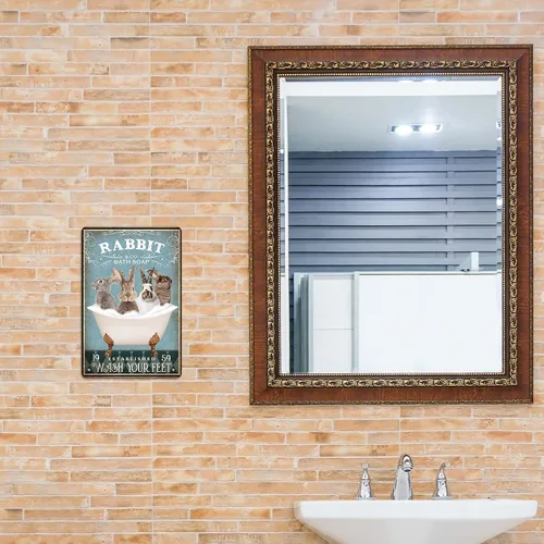 Vista 6 de Divertido letrero de metal para decoración de conejo, póster de arte de pared de baño, decoración retro para el hogar, para amantes de los conejos