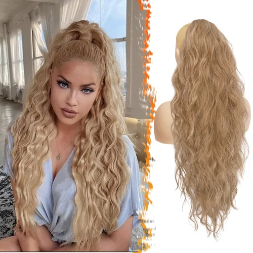 Vista 28 de BARSDAR Extensión de cola de caballo resaltada - 20 pulgadas de extensión de cola de caballo rizada y ondulada con cordón para mujeres - Extensiones