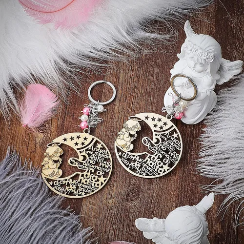 Vista 4 de YRP 12 piezas de bautismo rosa niña madera ángel luna diseño llavero bautismo favores con ángeles para niño y niña recuerdos de bautizo con bolsas