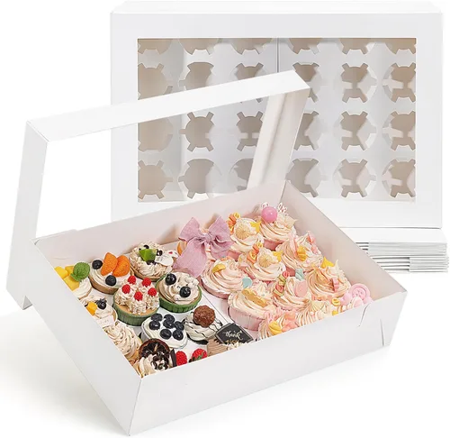 Vista 8 de TOMNK - 50 cajas para magdalenas con ventana, 6.3 x 6.3 x 3 pulgadas, cajas para magdalenas marrones Recipientes para cupcakes con calcomanías