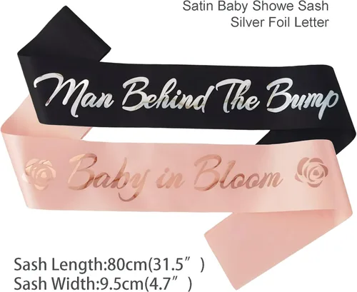 Vista 3 de Banda de hombre detrás de la protuberancia, banda negra y plateada con texto en inglés "Daddy to Bebe", regalos para fiesta de baby shower, regalos