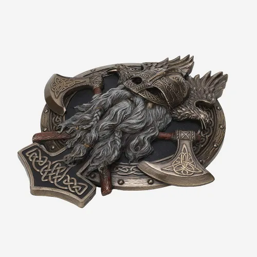 Vista 5 de Veronese Design 10 5/8" escultura de Valhalla de la placa de pared vikinga resina bronceada fundida en frío