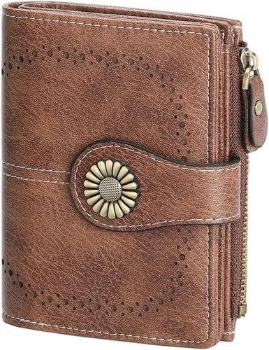 Vista 7 de SENDEFN - Billetera pequeña para mujer de cuero con doble solapa, portatarjetas con bloqueo RFID, bolsillo con cremallera para monedas 1-cera-rosa