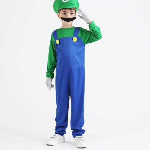 Vista 6 de Aoibox Disfraz de Super Brothers, overol de Halloween para niños con sombrero, bigote y guantes, fontanero M & L Cosplay