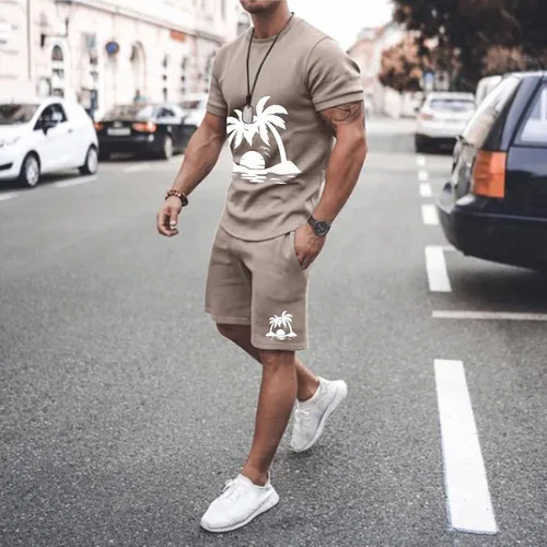 Vista 2 de EELHOE Summer Outfits Mens Lightweight Regular-Fit Short Sleeve Graphic T-Shirts Printed Shorts Breathable Sport Set