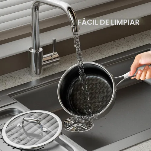 Vista 3 de COOKER KING Cacerola de acero inoxidable de 1.5 cuartos de galón, sartén antiadherente, olla de cerámica con tapa de vidrio templado, olla
