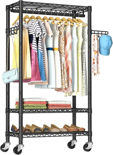 Vista 12 de Estante para ropa resistente con ruedas, estante enrollable para prendas, estantes ajustables de alambre de 3 niveles para colgar ropa con barras