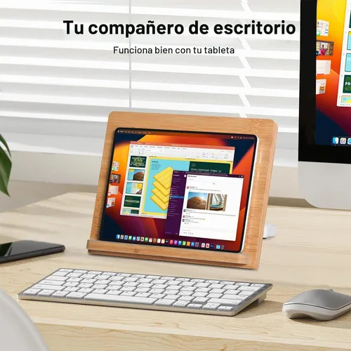 Vista 4 de wishacc Soporte de bambú para tablet de escritorio, soporte grande de madera de 11 x 8.2 pulgadas con ángulos ajustables, soporte de madera grueso