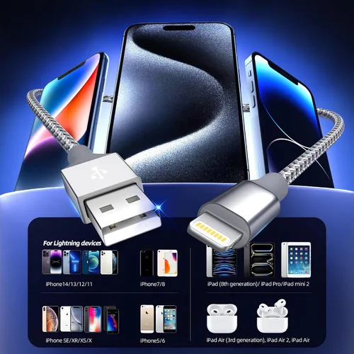 Vista 10 de Cargador para iPhone paquete de 3, 10 pies, cable Lightning largo certificado MFi de Apple, carga rápida, sincronización de datos de alta velocidad