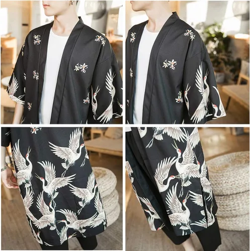 Vista 7 de HAORUN Abrigo kimono japonés para hombre, holgado, Yukata, albornoz largo, tops vintage