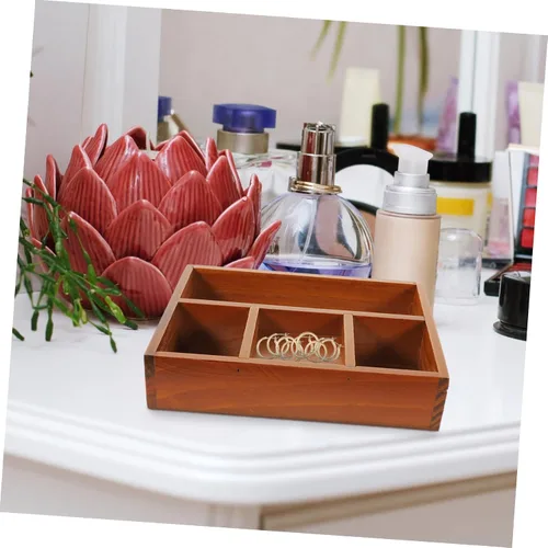 Vista 2 de LIFKOME Bandeja de perfume de decoración retro para tocador, bandeja de compartimento de madera, 4 secciones, almacenamiento multiusos